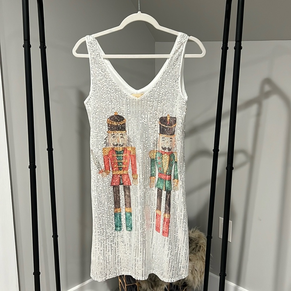 NWOT Judith March Nutcracker Silver Sequin Tank Dress Size Small.